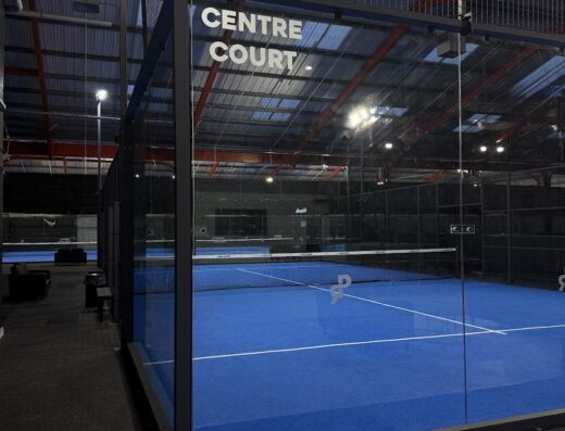 Indoor glass-walled centre court at Padel Republic, Preston
