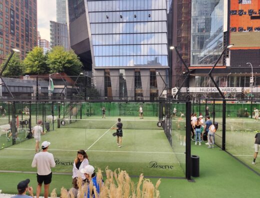 Outdoor padel courts and players at Reserve Padel Hudson Yards, Manhattan