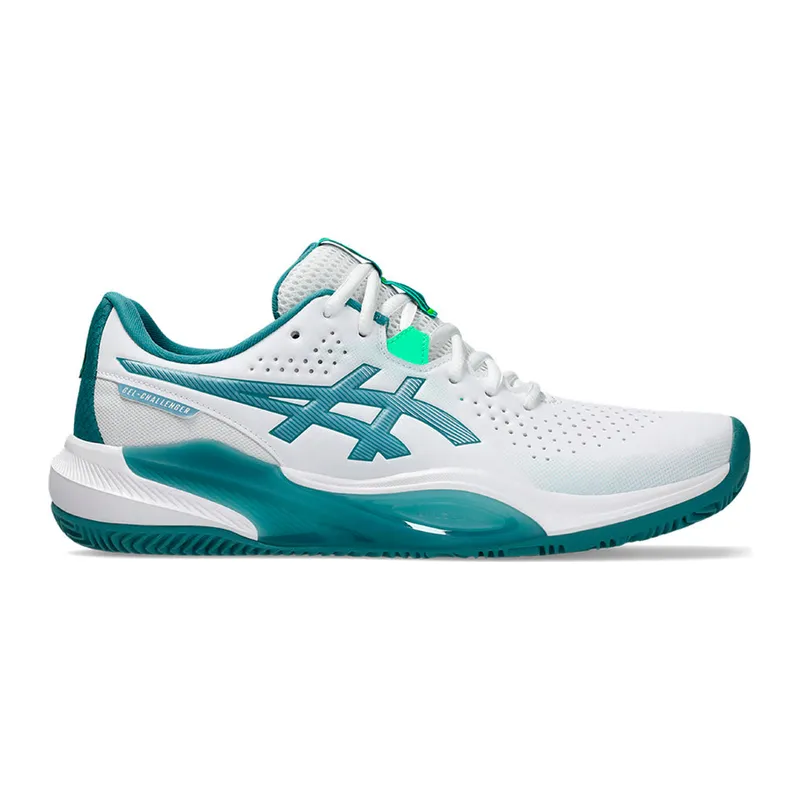 Asics Gel-Challenger 15 Padel shoe in white and teal on white