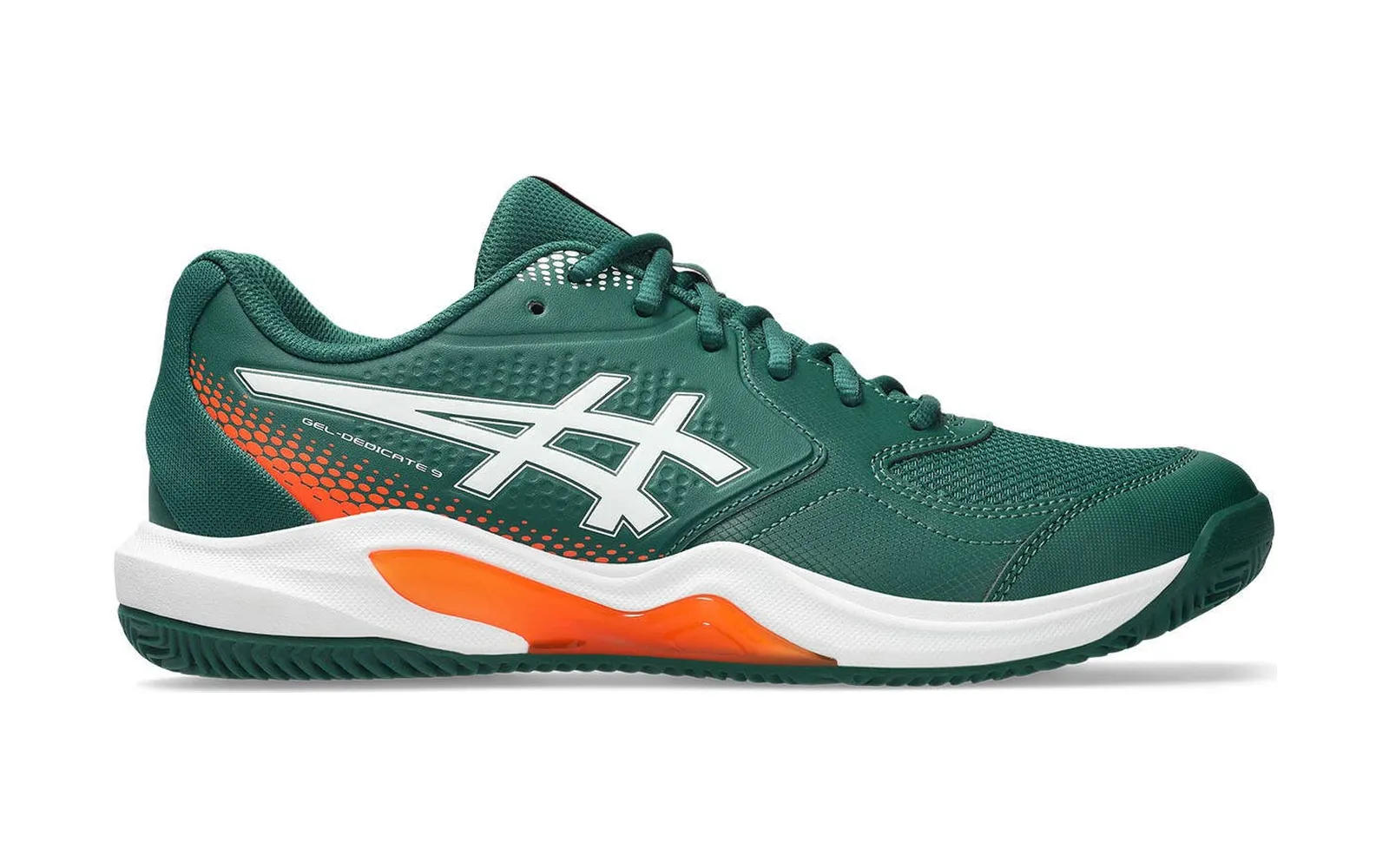 Asics Gel-Dedicate 9 Padel shoe in green with orange and white