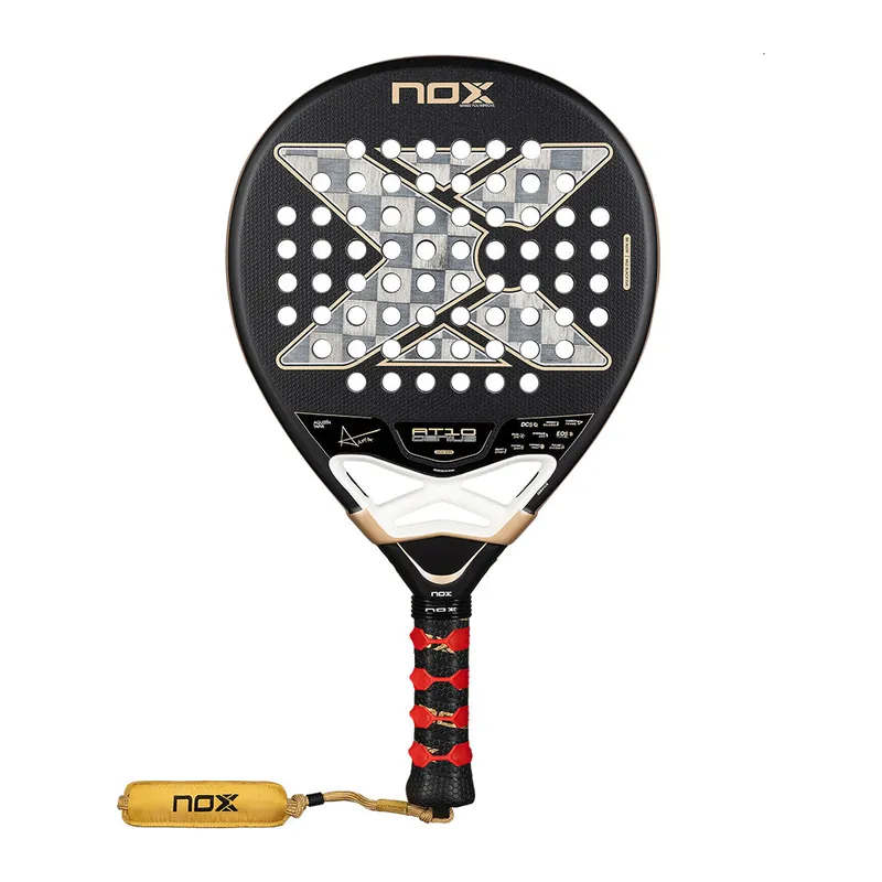 NOX AT10 Genius 18K Alum 2026 teardrop padel racket in black and gold on white