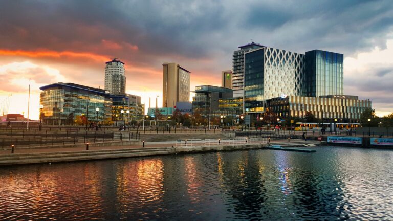 MediaCityUK at Salford Quays, Greater Manchester, at sunset