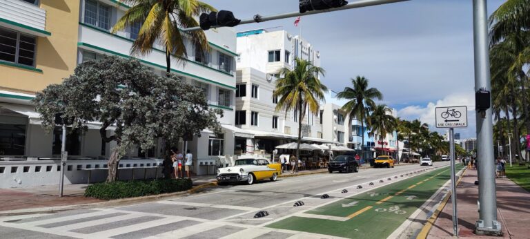 Art deco hotels and palm trees on Ocean Drive, Miami Beach