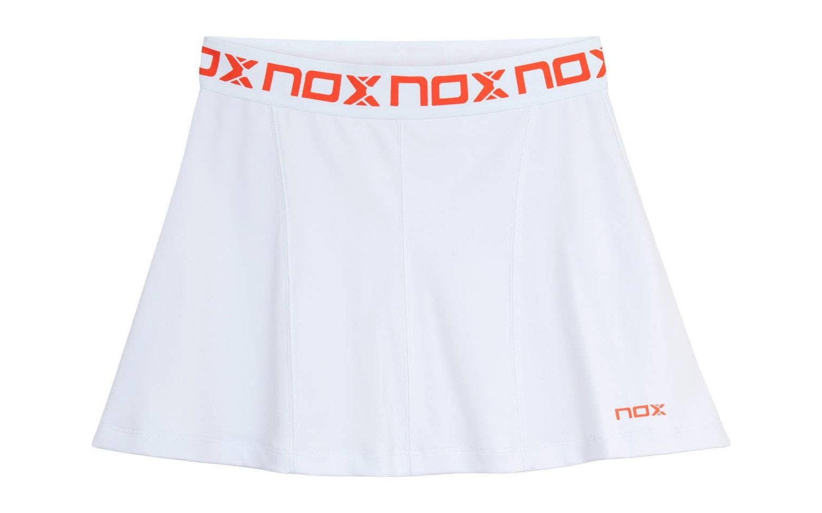 White Nox Team padel skirt with an orange Nox waistband