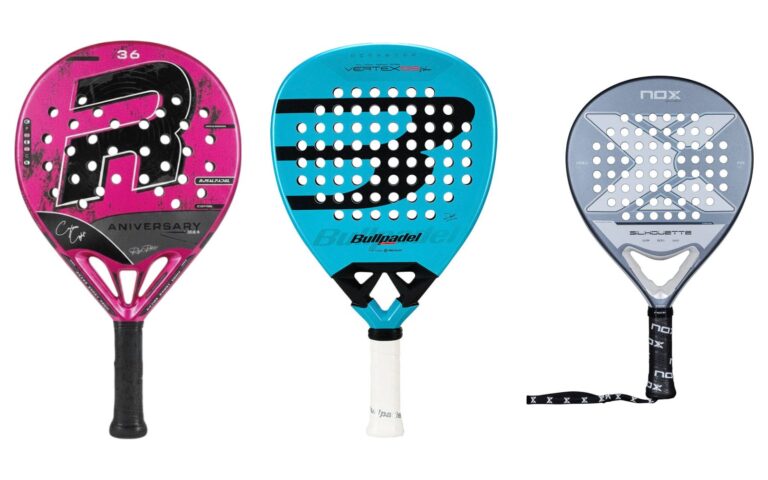 Three women's padel rackets, the Royal Padel 36 Aniversario Pink Light, the Bullpadel Vertex 05 W and the NOX X-One Silhouette