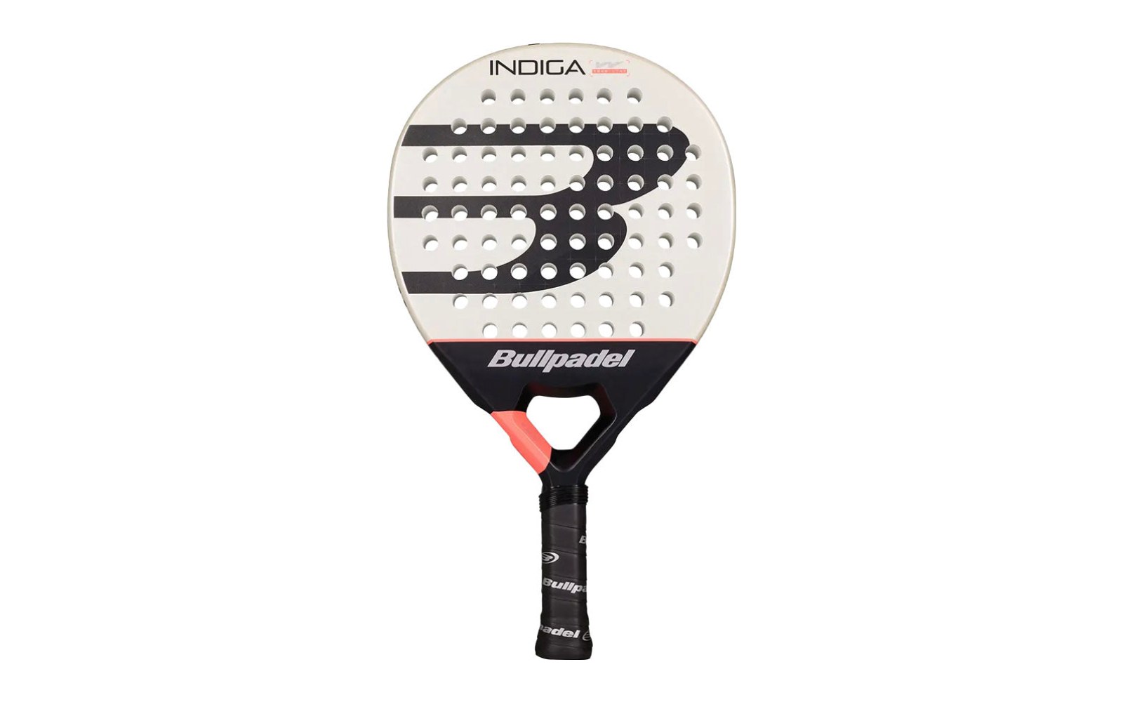 Bullpadel Indiga W 2026 padel racket in white with coral detail